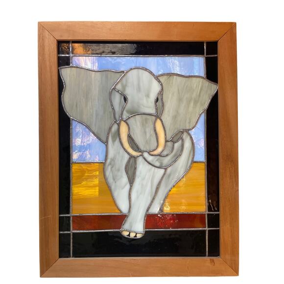 Stained Glass Elephant Panel – Handcrafted Art in Solid Wood Frame